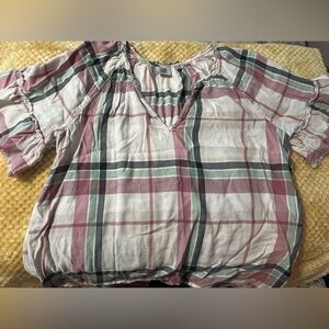 True Craft Pink and Green Plaid Blouse with distressed edging.